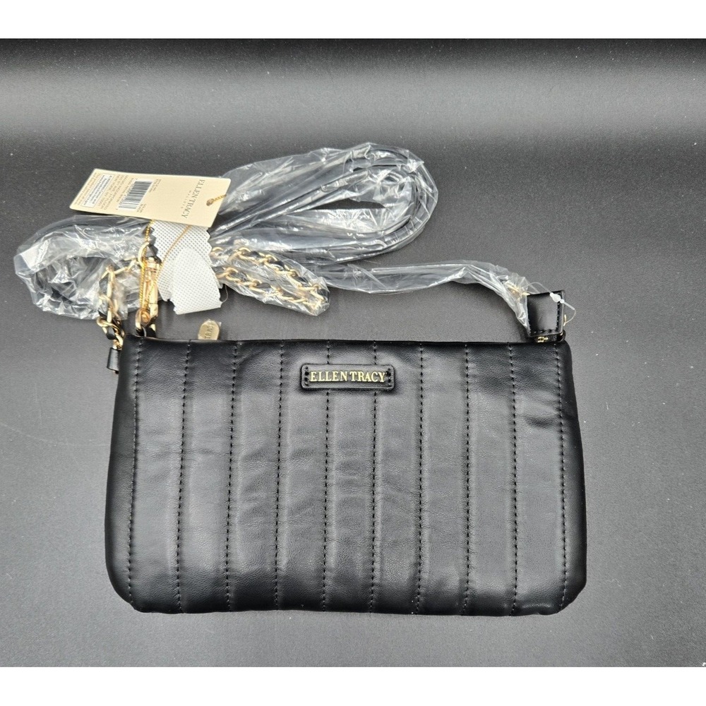 Ellen Tracy Black Quilted Wristlet Crossbody Bag Detachable Strap NEW